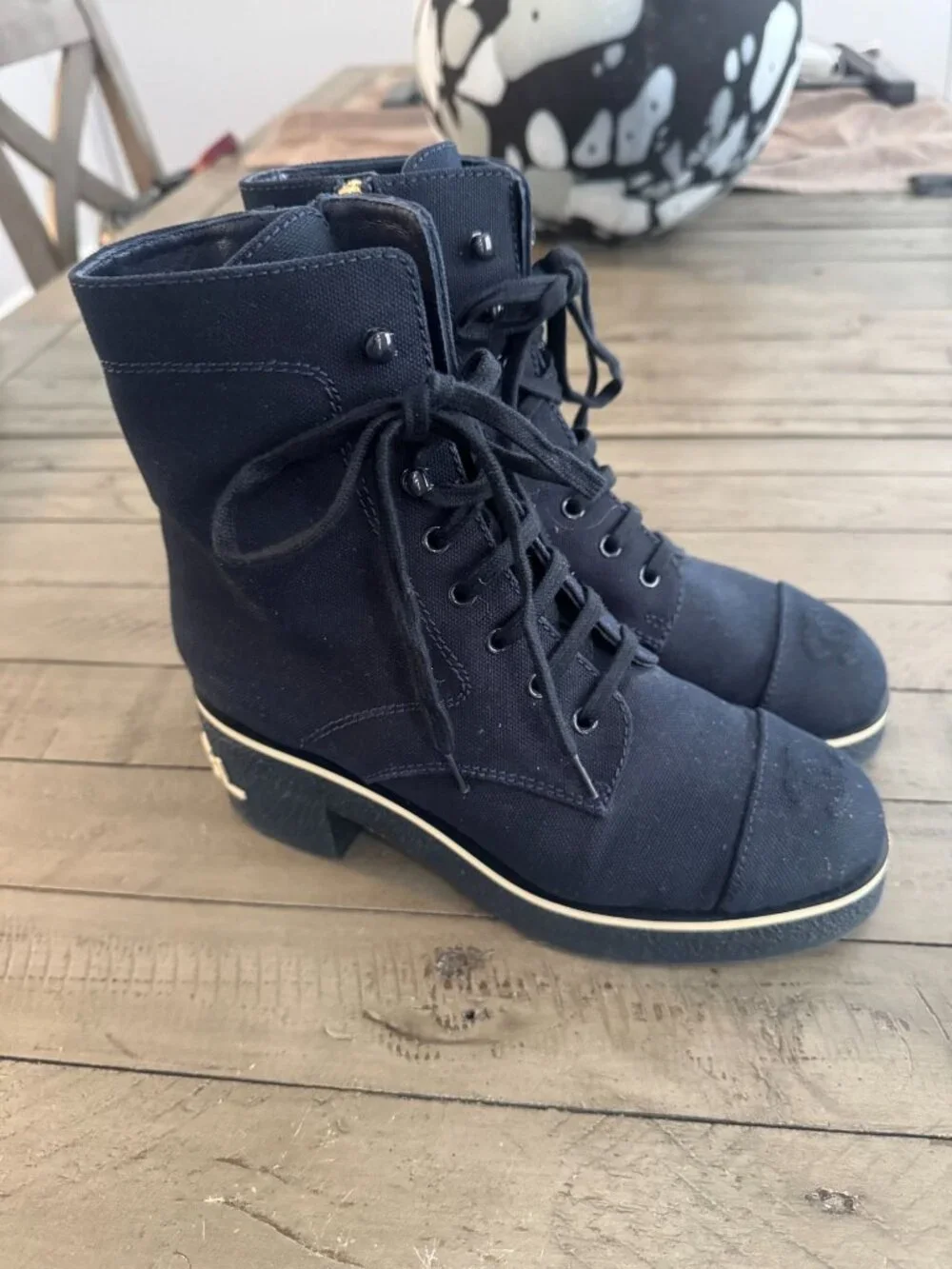 CHANEL Interlocking CC Logo Combat Boots Navy Blue Size 37.5